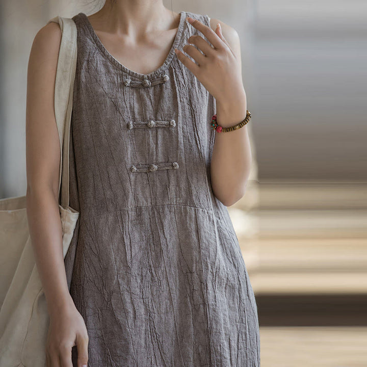 Buddha Stones Frog-Button Sleeveless Cami Midi Dress Ramie Linen Wide Leg Pants With Pockets - image 32