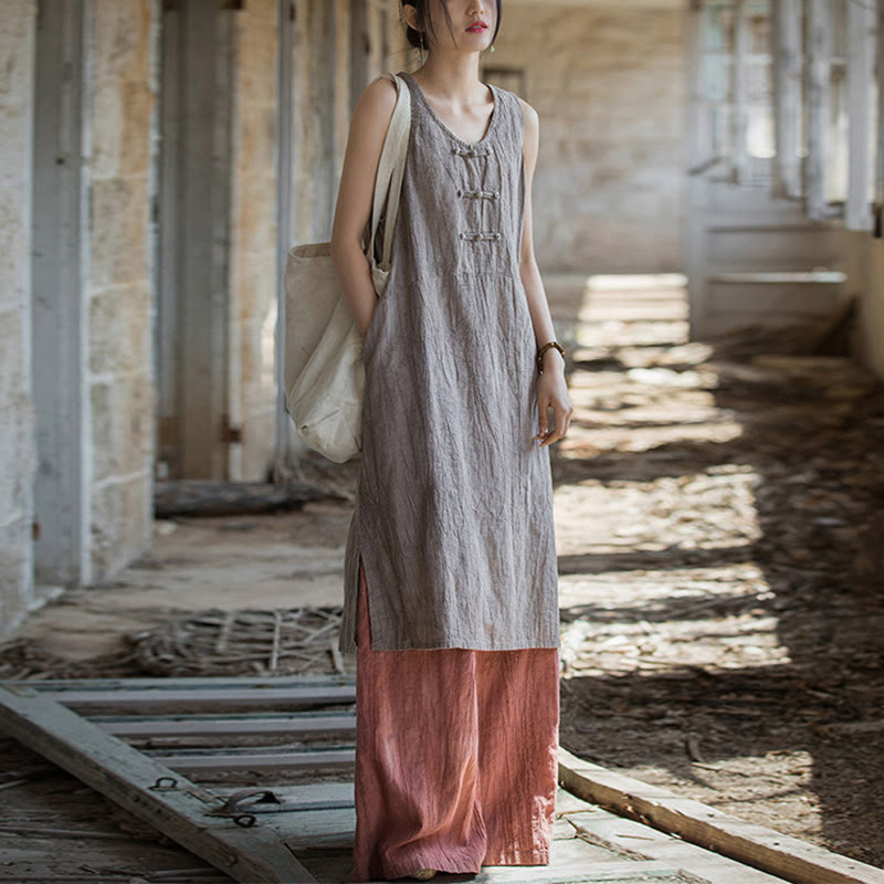 Buddha Stones Frog-Button Sleeveless Cami Midi Dress Ramie Linen Wide Leg Pants With Pockets - image 29