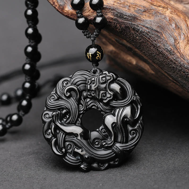 Buddha Stones Natural Black Obsidian Peace Buckle Pixiu Purification Necklace Pendant - Black Obsidian - image 1