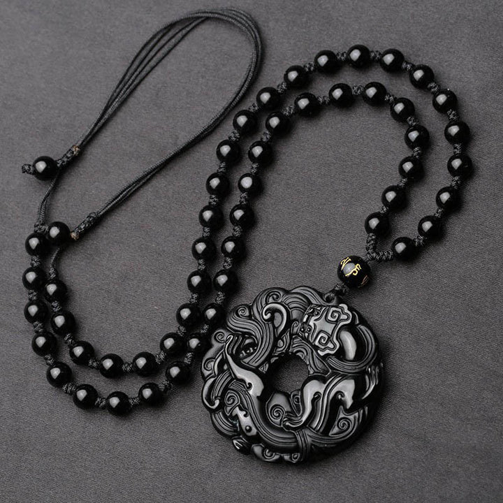 Buddha Stones Natural Black Obsidian Peace Buckle Pixiu Purification Necklace Pendant