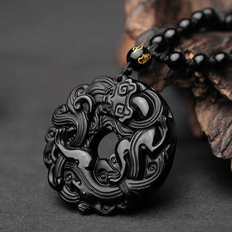 Buddha Stones Natural Black Obsidian Peace Buckle Pixiu Purification Necklace Pendant - image 2