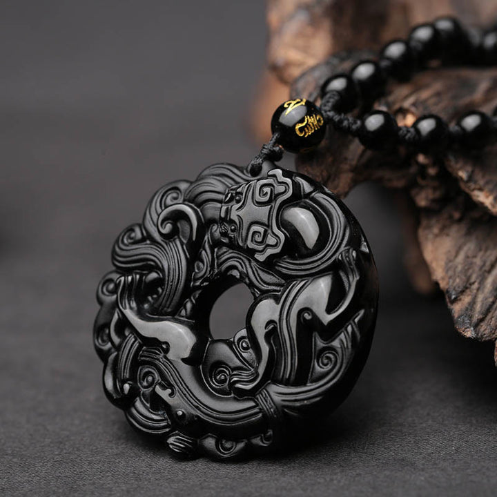 Buddha Stones Natural Black Obsidian Peace Buckle Pixiu Purification Necklace Pendant - image 2