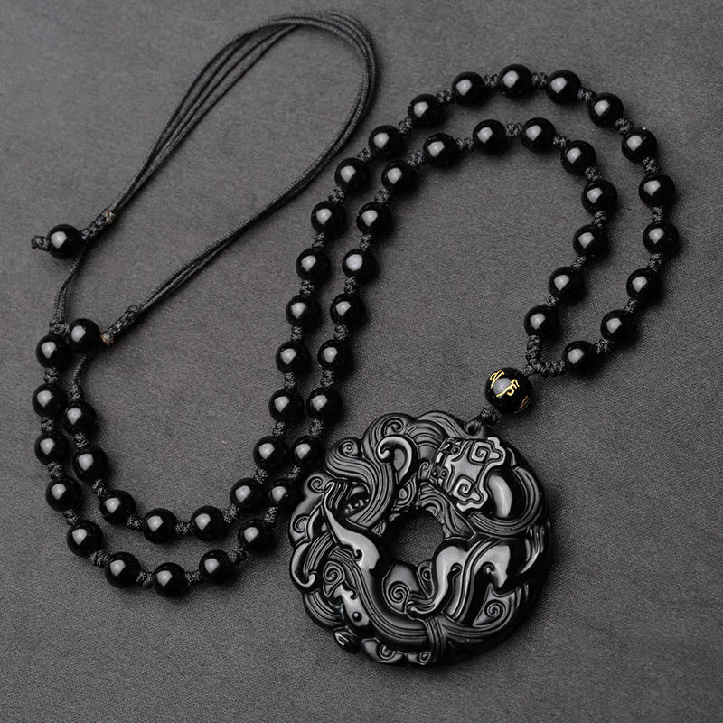 Buddha Stones Natural Black Obsidian Peace Buckle Pixiu Purification Necklace Pendant - image 4