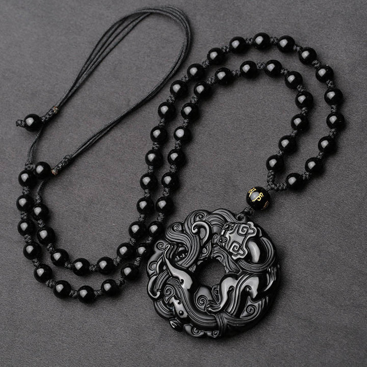 Buddha Stones Natural Black Obsidian Peace Buckle Pixiu Purification Necklace Pendant - image 4