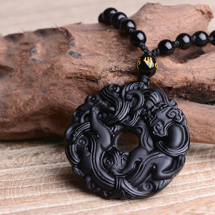 Buddha Stones Natural Black Obsidian Peace Buckle Pixiu Purification Necklace Pendant - image 12