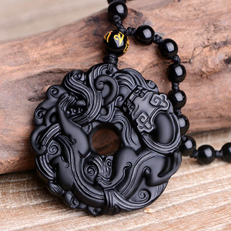 Buddha Stones Natural Black Obsidian Peace Buckle Pixiu Purification Necklace Pendant