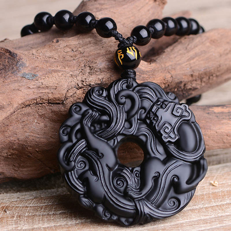 Buddha Stones Natural Black Obsidian Peace Buckle Pixiu Purification Necklace Pendant