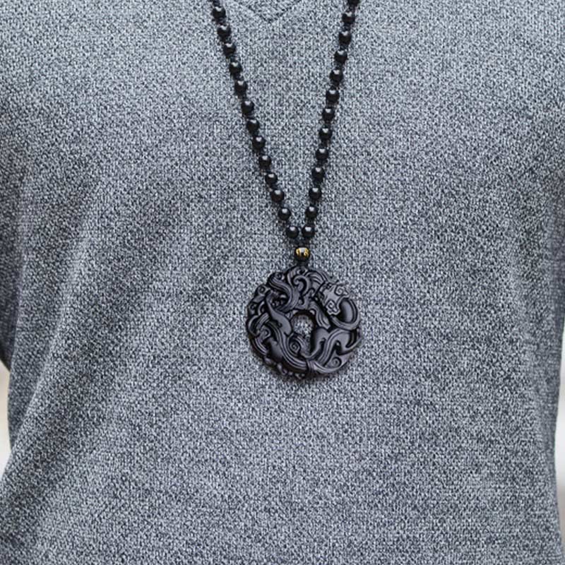 Buddha Stones Natural Black Obsidian Peace Buckle Pixiu Purification Necklace Pendant - image 15