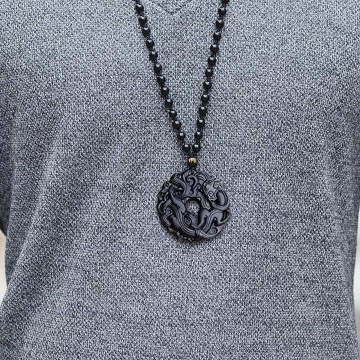 Buddha Stones Natural Black Obsidian Peace Buckle Pixiu Purification Necklace Pendant - image 15