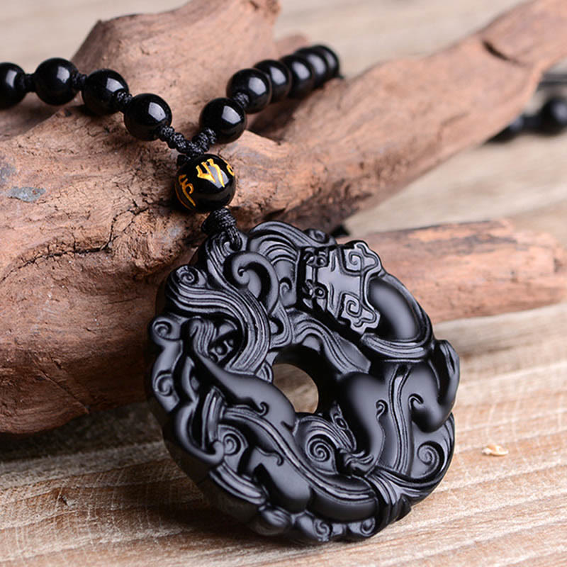 Buddha Stones Natural Black Obsidian Peace Buckle Pixiu Purification Necklace Pendant - image 14