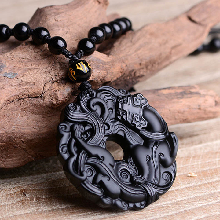 Buddha Stones Natural Black Obsidian Peace Buckle Pixiu Purification Necklace Pendant - image 14