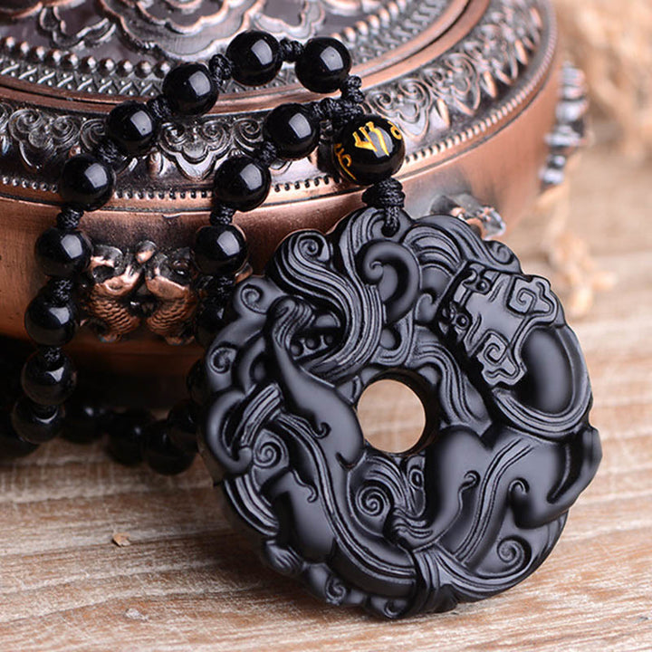 Buddha Stones Natural Black Obsidian Peace Buckle Pixiu Purification Necklace Pendant - image 13