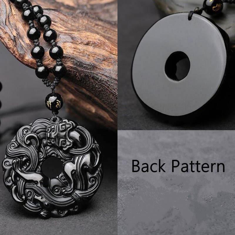 Buddha Stones Natural Black Obsidian Peace Buckle Pixiu Purification Necklace Pendant