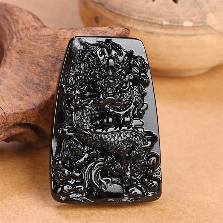 Buddha Stones Black Obsidian Dragon Carved Luck Protection Necklace Pendant