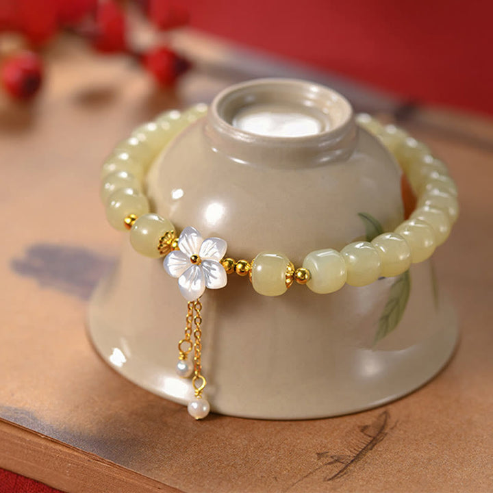 Buddha Stones 925 Sterling Silver Natural Hetian Jade Luck Flower Bracelet - Hetian Jade(Wrist Circumference 14-16cm) - image 0