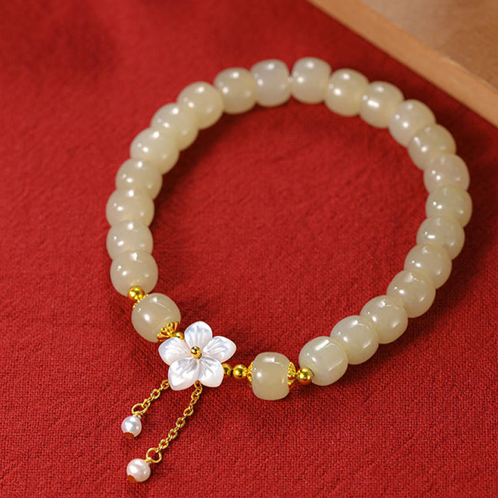 Buddha Stones 925 Sterling Silver Natural Hetian Jade Luck Flower Bracelet