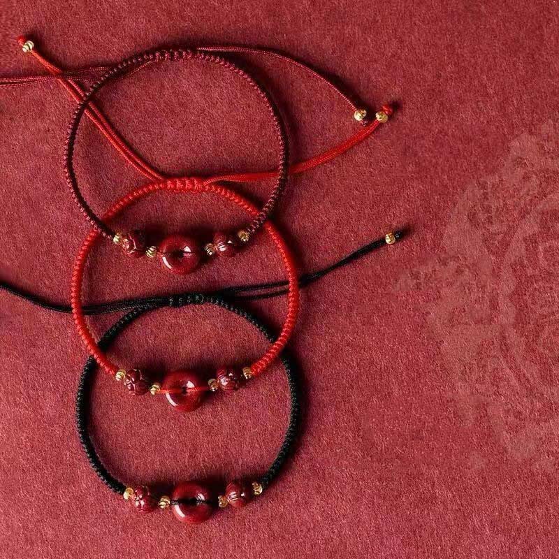 Buddha Stones Handmade Cinnabar Peace Buckle Lotus Calm Blessing Braided Rope Bracelet