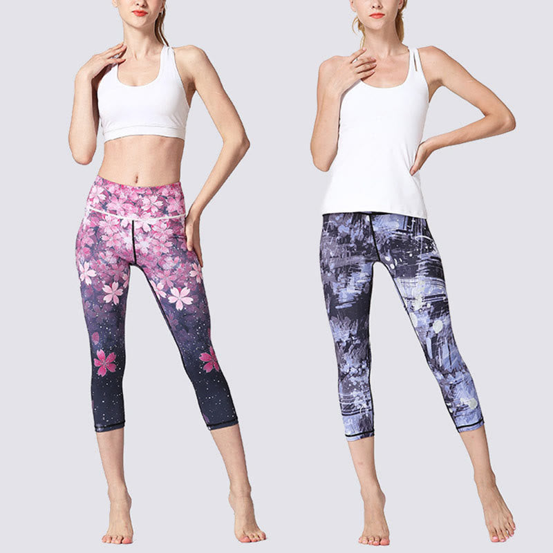 Buddha Stones Cherry Blossoms Sakura Lines Print Sports Yoga Cropped Leggings Women's Yoga Capri Pants