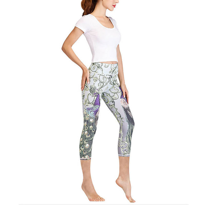 Buddha Stones Lotus Cherry Blossom Gradient Peacock Print Lycra Fabric Sports Cropped Leggings Women's Yoga Capri Pants