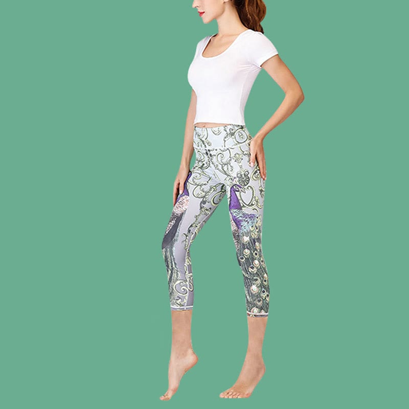 Buddha Stones Lotus Cherry Blossom Gradient Peacock Print Lycra Fabric Sports Cropped Leggings Women's Yoga Capri Pants