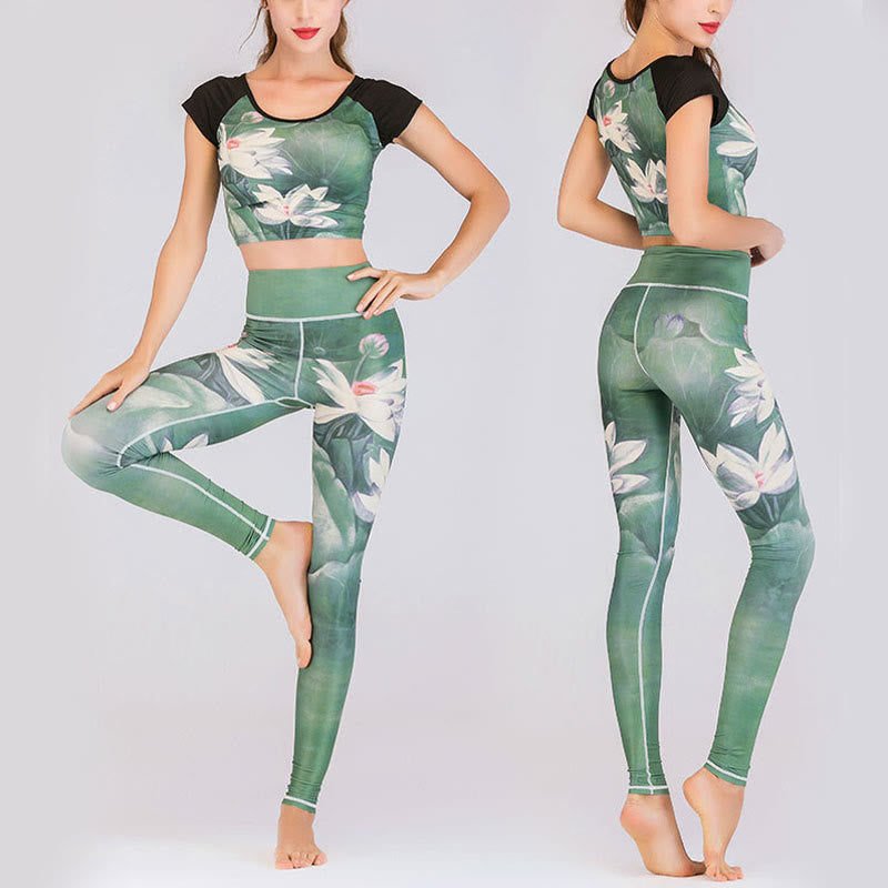 Buddha Stones Lotus Cherry Blossom Gradient Peacock Print Lycra Fabric Fitness Leggings Women's Yoga Pants