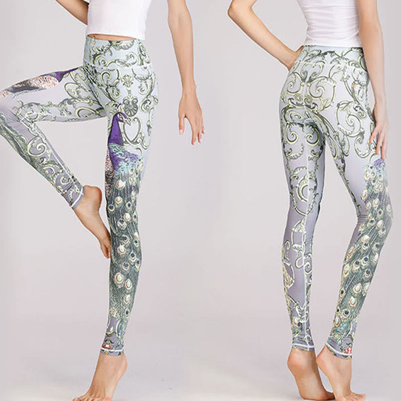 Buddha Stones Lotus Cherry Blossom Gradient Peacock Print Lycra Fabric Fitness Leggings Women's Yoga Pants