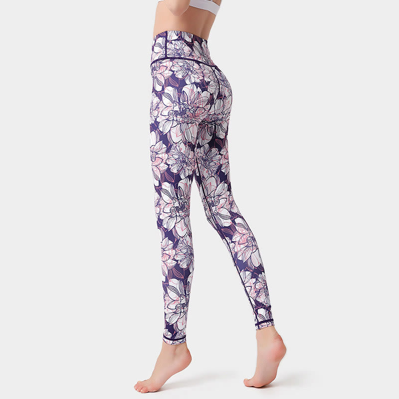 Buddha Stones Colorful Flower Petal Leaves Print Sports Exercise Fitness High Waist Leggings Women's Yoga Pants - Thistle - US8-10，UK/AU12-14，EU40-42 (XL)  - image 4