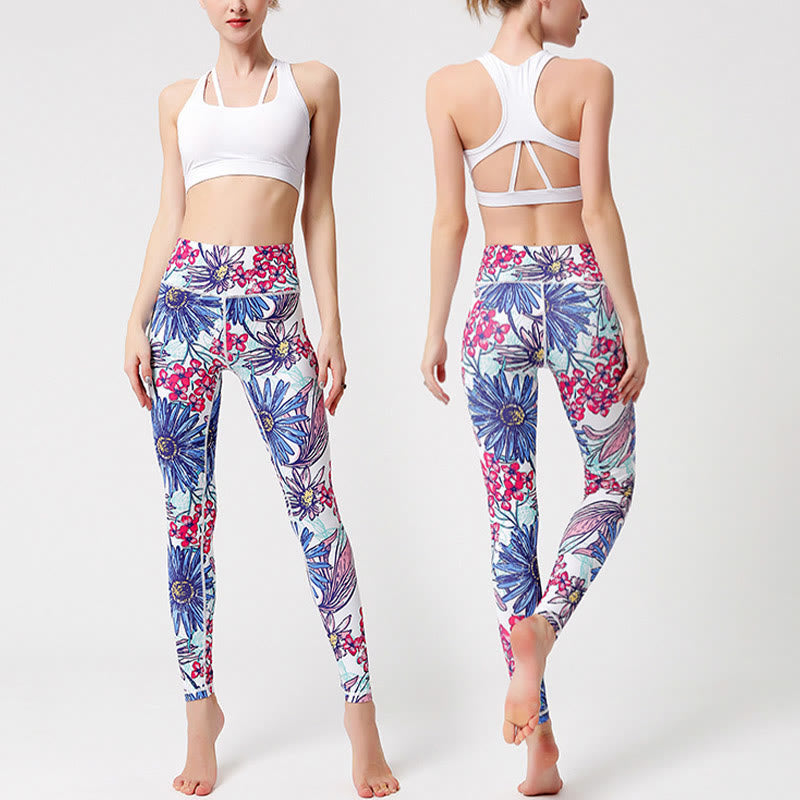 Buddha Stones Colorful Flower Petal Leaves Print Sports Exercise Fitness High Waist Leggings Women's Yoga Pants