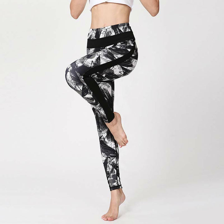 Buddha Stones White Black Ink Brush Lines Print Sports Fitness Mesh Leggings Women's Yoga Pants