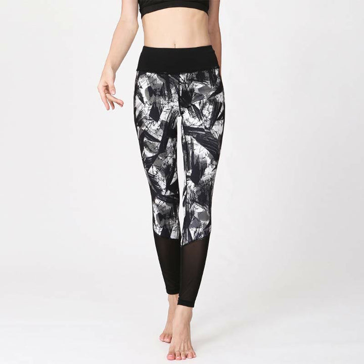 Buddha Stones White Black Ink Brush Lines Print Sports Fitness Mesh Leggings Women's Yoga Pants - Black White Lines - US8-10，UK/AU12-14，EU40-42 (XL) - image 0