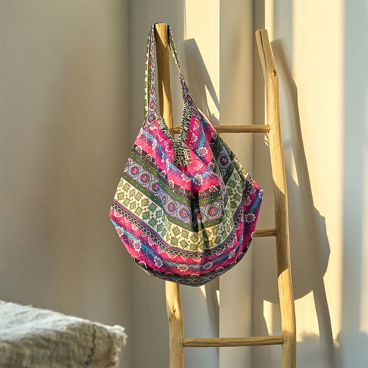 Buddha Stones Colored Stripes Pattern Cotton Shoulder Bag - Purple 50*20*40cm - image 11