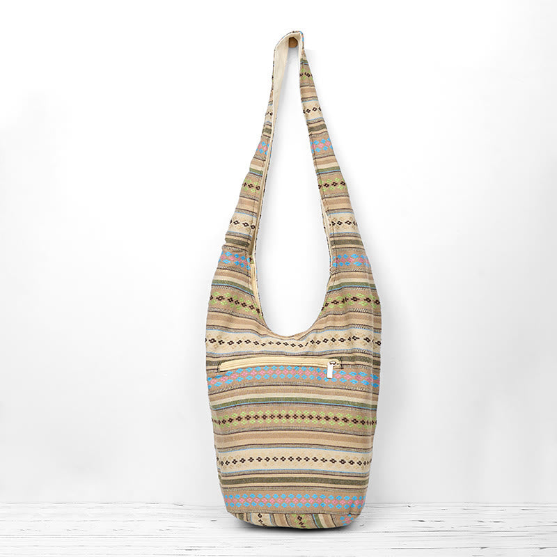 Buddha Stones Khaki Brown Geometric Stripes Pattern Cotton Crossbody Bag Shoulder Bag