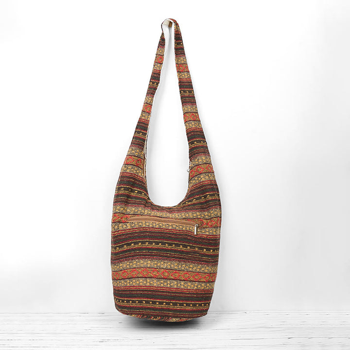 Buddha Stones Khaki Brown Geometric Stripes Pattern Cotton Crossbody Bag Shoulder Bag