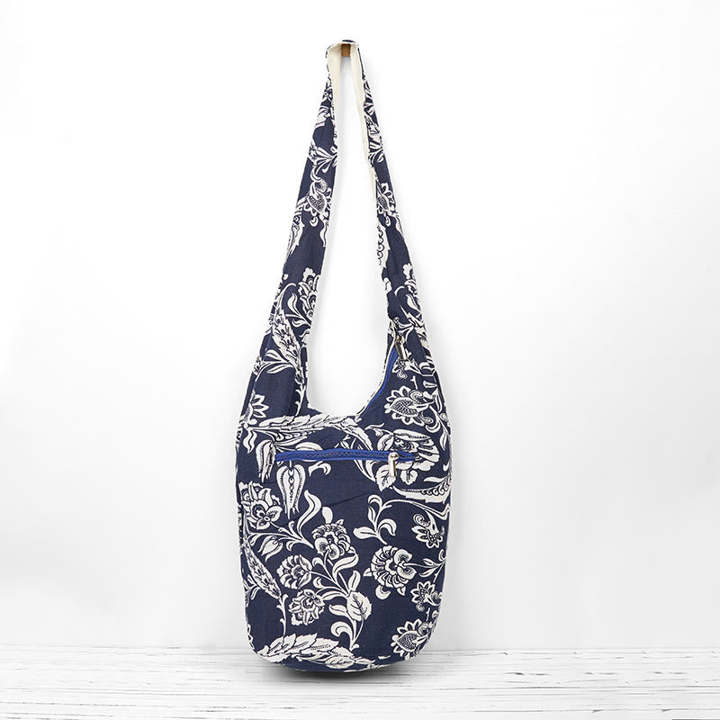 Buddha Stones Navy Blue White Flower Pattern Cotton Crossbody Bag Shoulder Bag