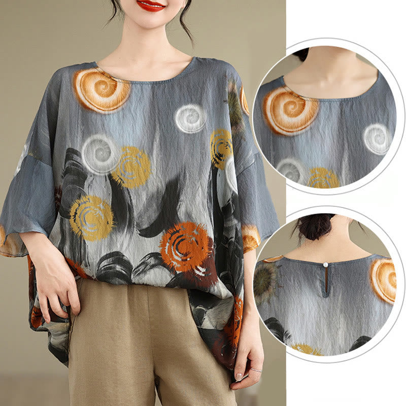 Buddha Stones Casual Colorful Gray Dandelion Three Quarter Sleeve Linen T-shirt Tee