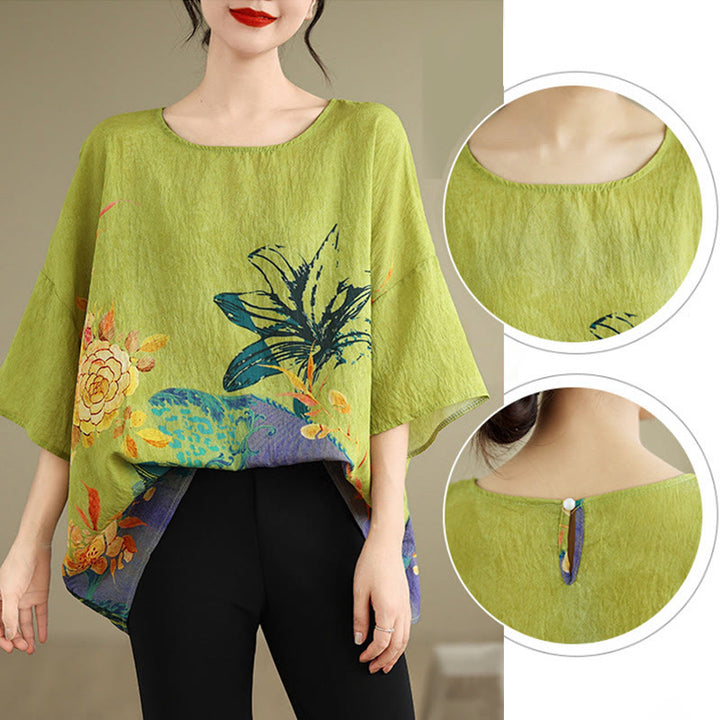 Buddha Stones Yellow Green Flowers Three Quarter Sleeve Linen T-shirt Tee