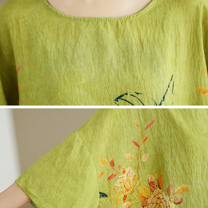 Buddha Stones Yellow Green Flowers Three Quarter Sleeve Linen T-shirt Tee - image 6