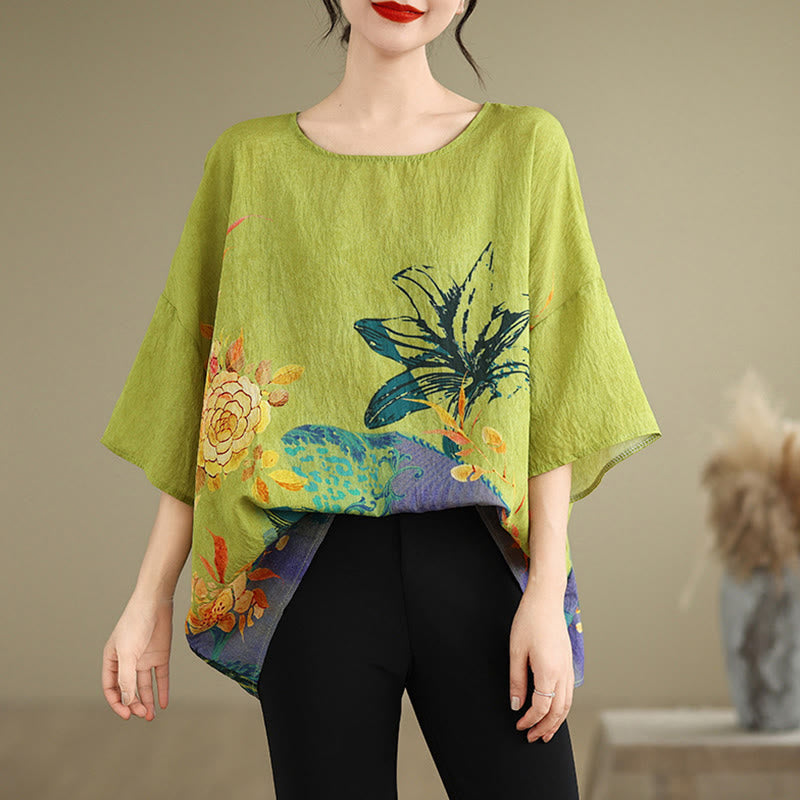 Buddha Stones Yellow Green Flowers Three Quarter Sleeve Linen T-shirt Tee