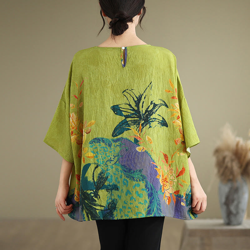 Buddha Stones Yellow Green Flowers Three Quarter Sleeve Linen T-shirt Tee - image 1