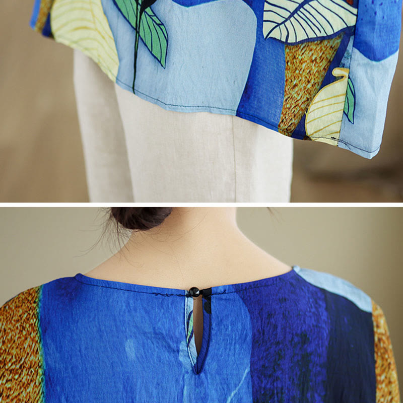 Buddha Stones Blue Yellow Flowers Leaves Batwing Sleeve Linen T-shirt Tee