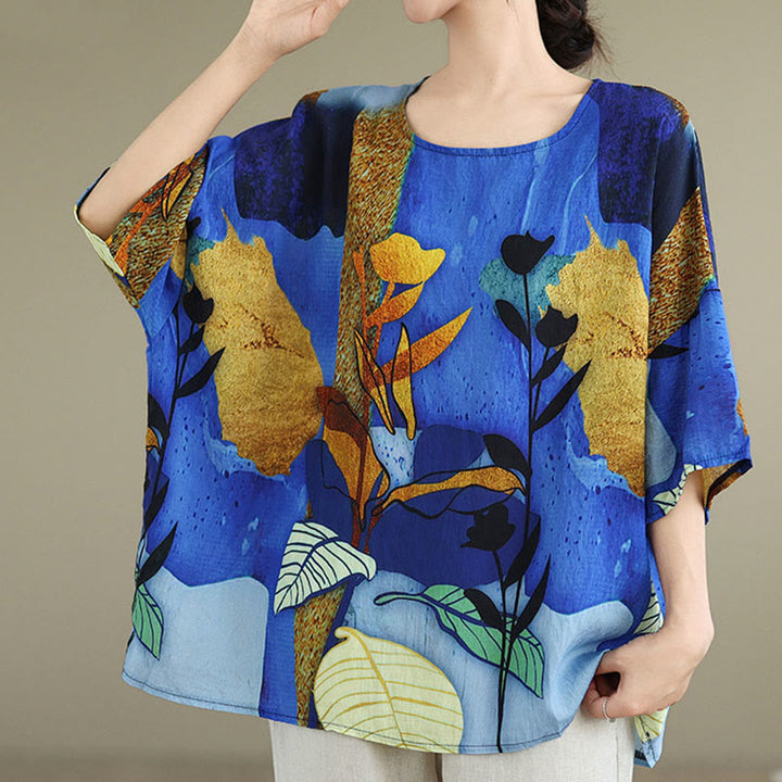 Buddha Stones Blue Yellow Flowers Leaves Batwing Sleeve Linen T-shirt Tee