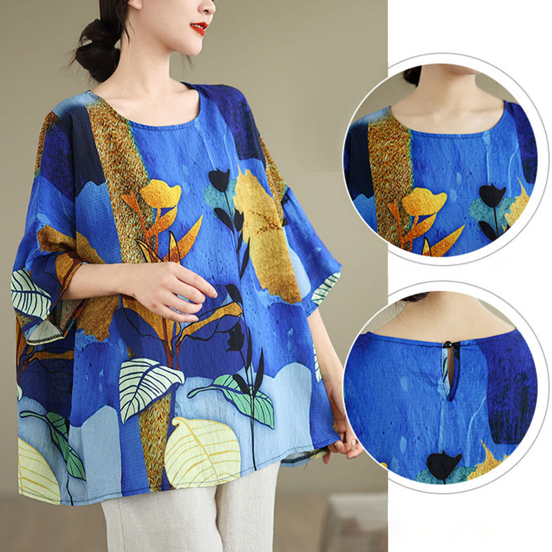 Buddha Stones Blue Yellow Flowers Leaves Batwing Sleeve Linen T-shirt Tee