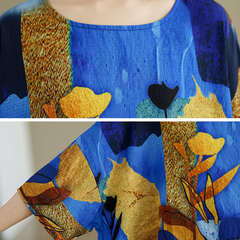 Buddha Stones Blue Yellow Flowers Leaves Batwing Sleeve Linen T-shirt Tee