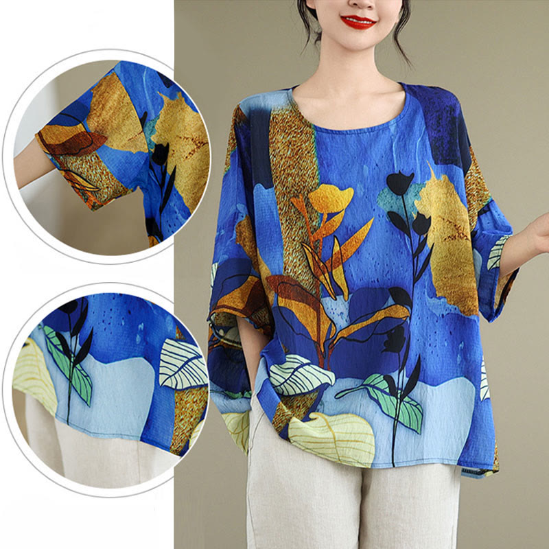 Buddha Stones Blue Yellow Flowers Leaves Batwing Sleeve Linen T-shirt Tee