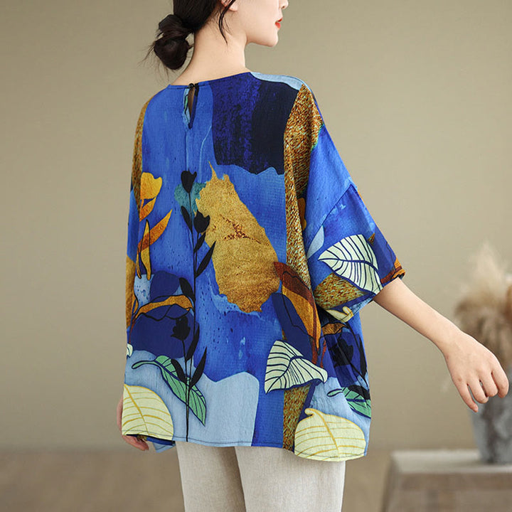 Buddha Stones Blue Yellow Flowers Leaves Batwing Sleeve Linen T-shirt Tee