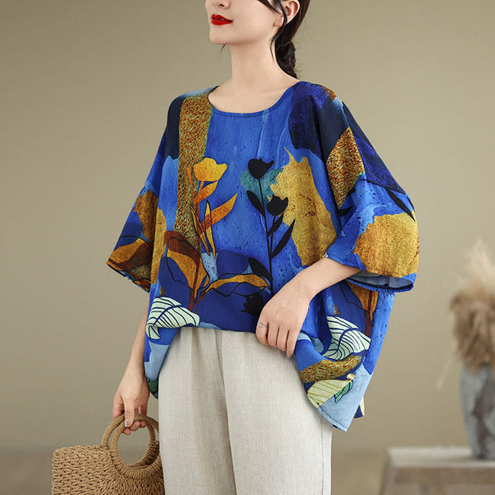 Buddha Stones Blue Yellow Flowers Leaves Batwing Sleeve Linen T-shirt Tee