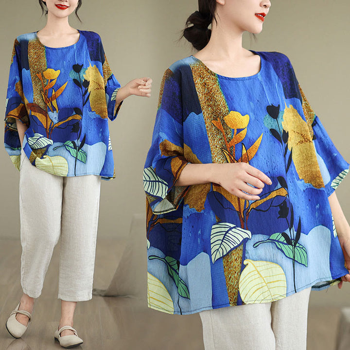 Buddha Stones Blue Yellow Flowers Leaves Batwing Sleeve Linen T-shirt Tee