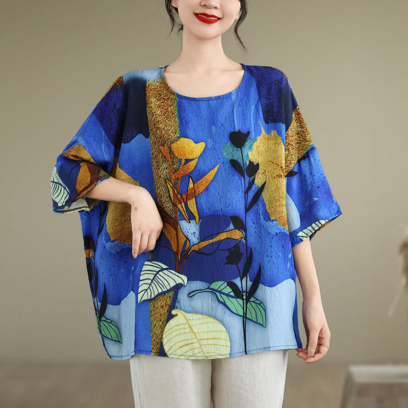 Buddha Stones Blue Yellow Flowers Leaves Batwing Sleeve Linen T-shirt Tee