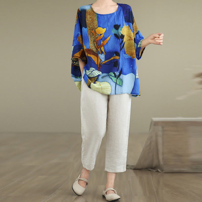 Buddha Stones Blue Yellow Flowers Leaves Batwing Sleeve Linen T-shirt Tee