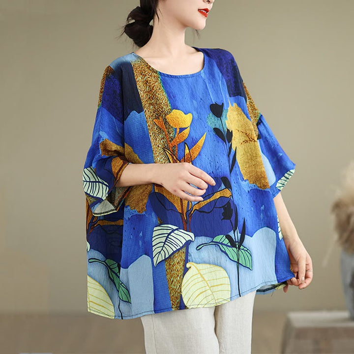 Buddha Stones Blue Yellow Flowers Leaves Batwing Sleeve Linen T-shirt Tee